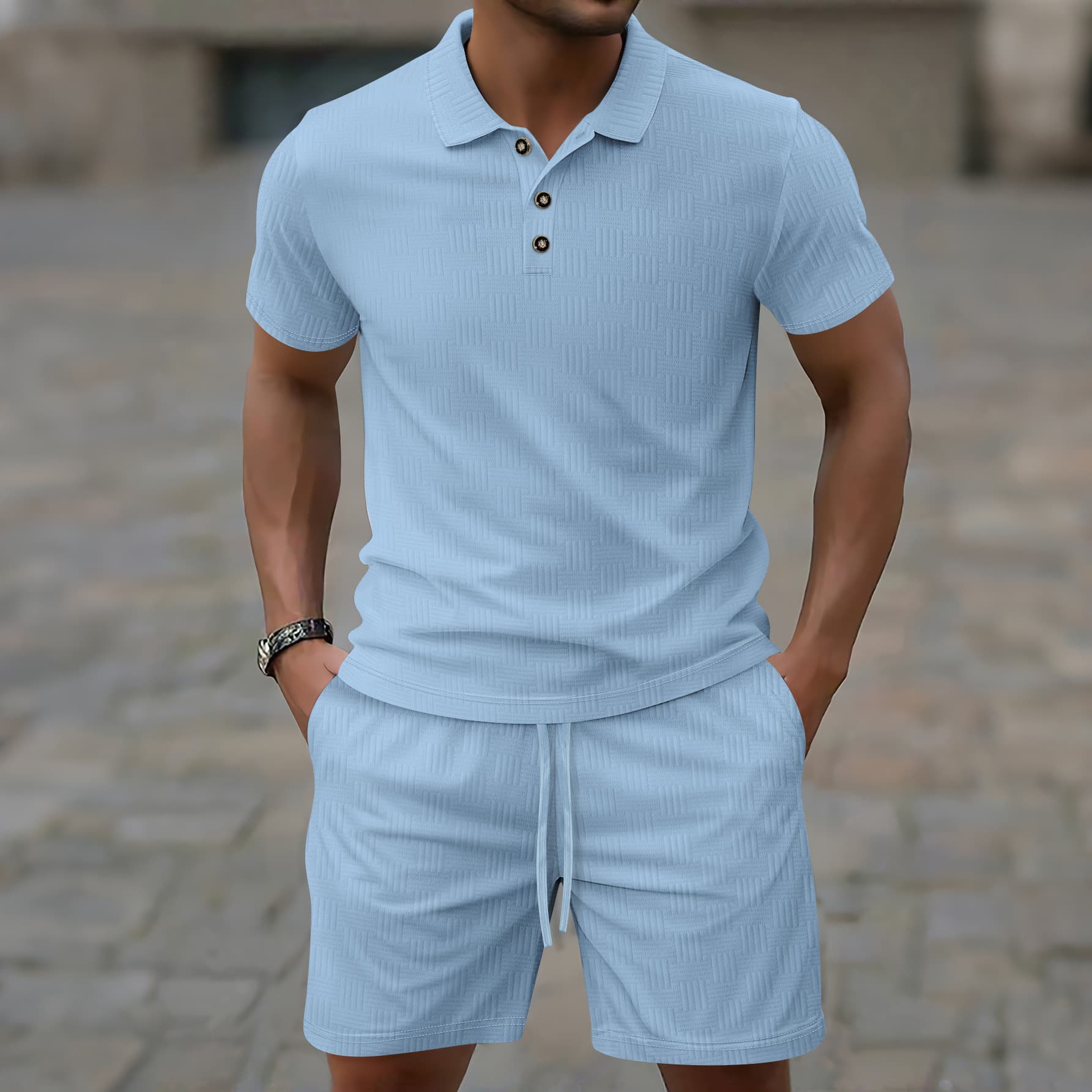 Cross-Border Men's Summer New European and American Jacquard Casual Notch Collar Polo Shirt Short Sleeve Shorts Leisure Set