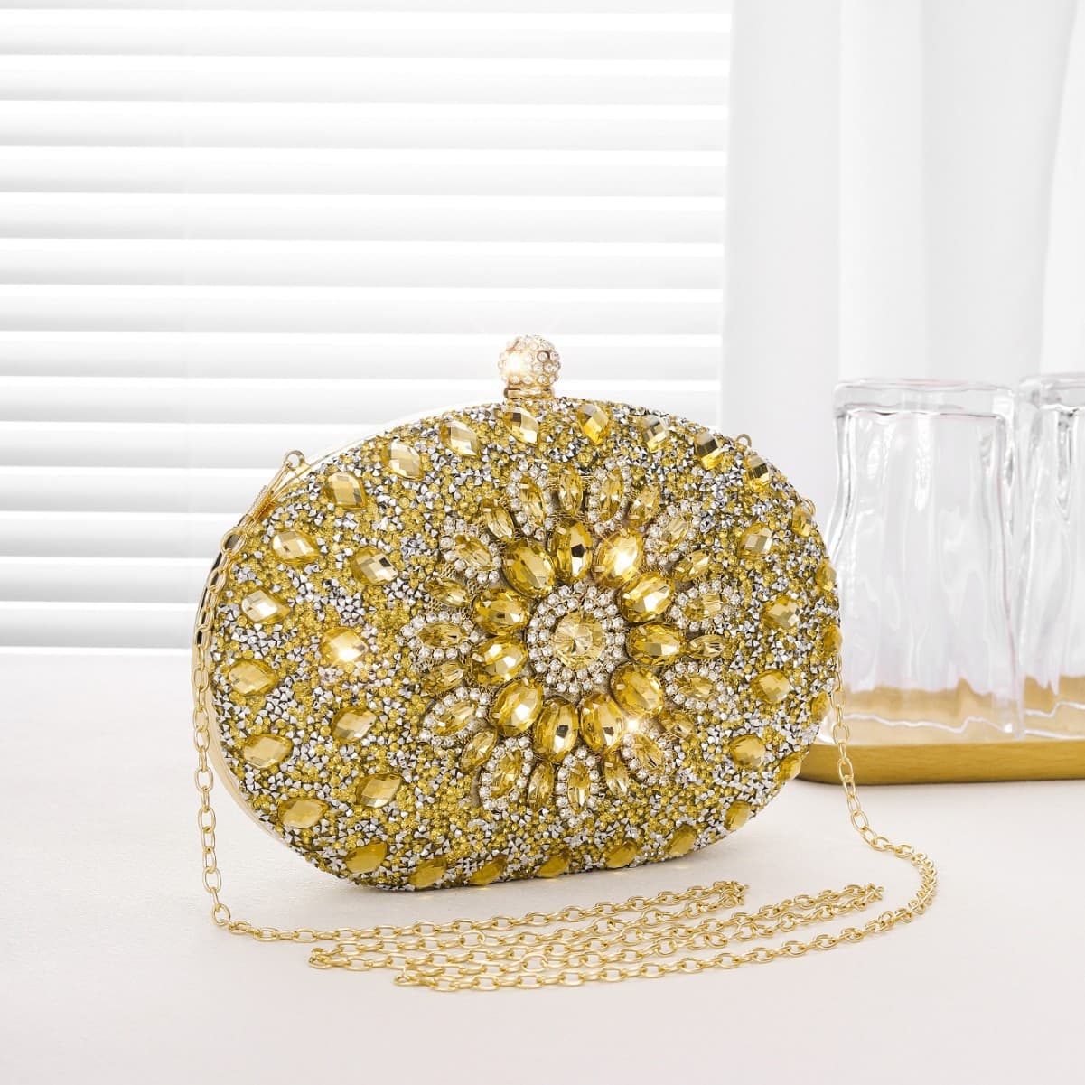 New Sunflower Women's Evening Bag, Elegant Rhinestone-Embellished Versatile Clutch with Chain Strap, Factory Wholesale