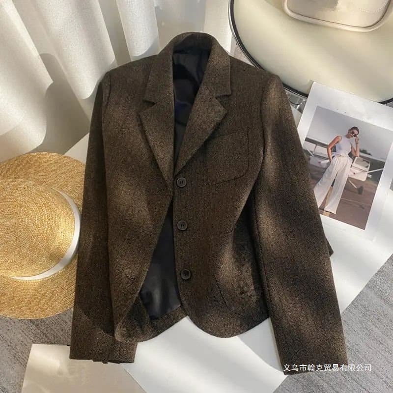 Coffee Herringbone Wool Blazer for Women, Autumn Niche Design Street-Style Chic Small Suit