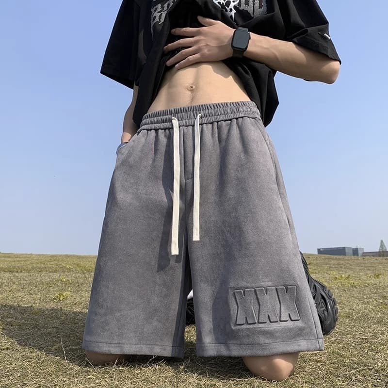 American Retro Suede Gray Shorts Men's Hong Kong Style Trendy Brand Summer Casual Sports Loose Straight-Leg Five-Point Pants
