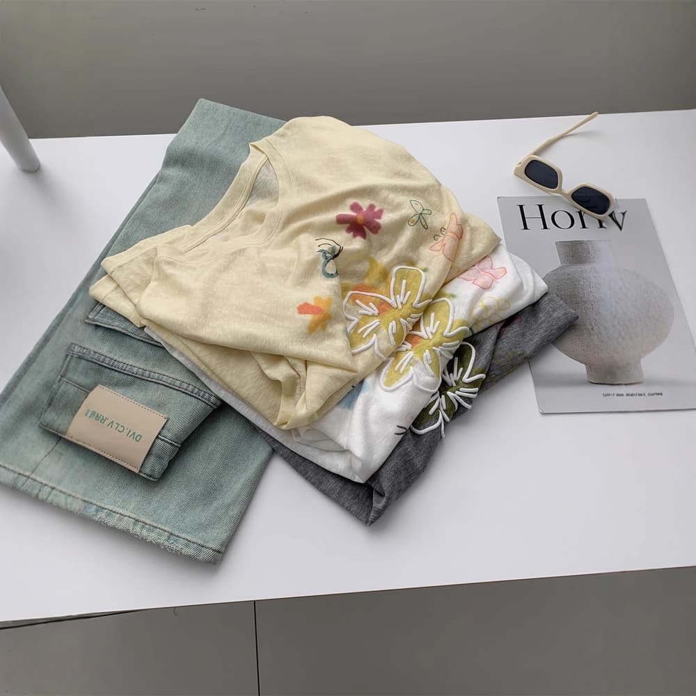 Summer Cool Tencel Sun Protection Cardigan for Women, Youthful Korean Style Floral Round Neck Loose Long Sleeve Air Conditioning Shirt T-Shirt