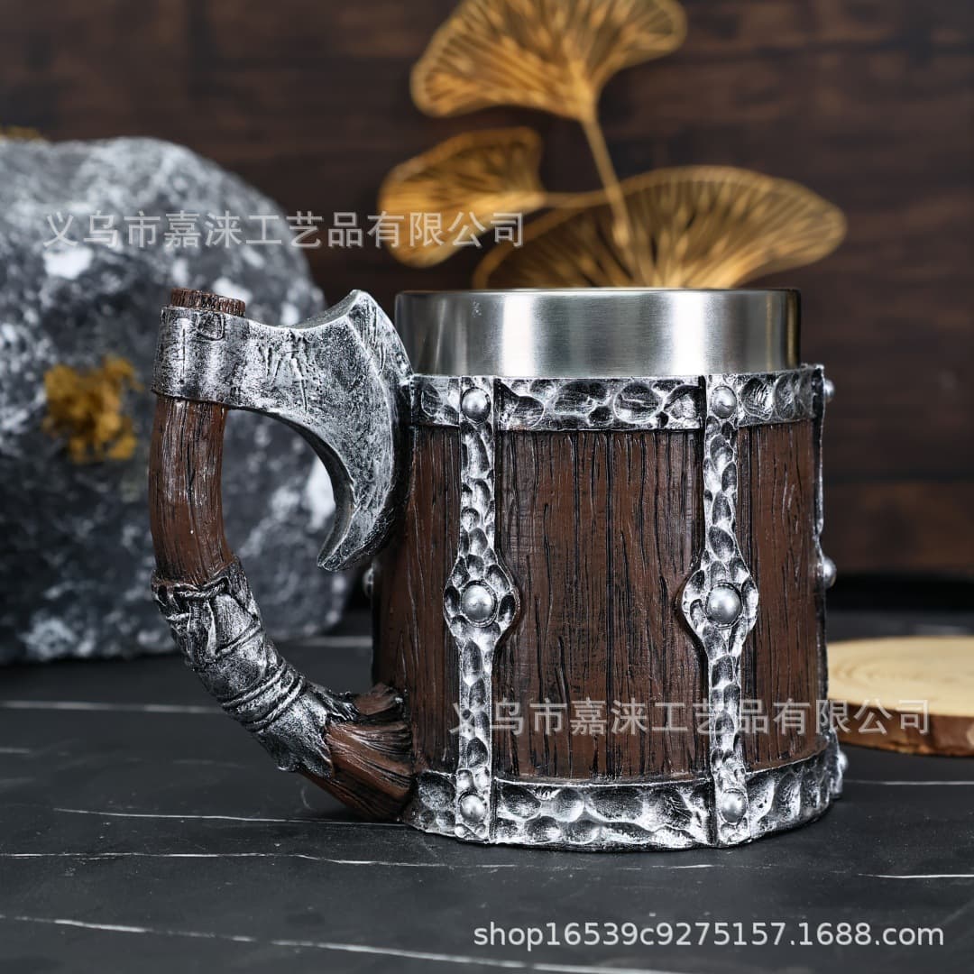 Cross-border New High-end Viking Axe Beer Mug Stainless Steel Tankard Cup Handmade Resin Coffee Cup