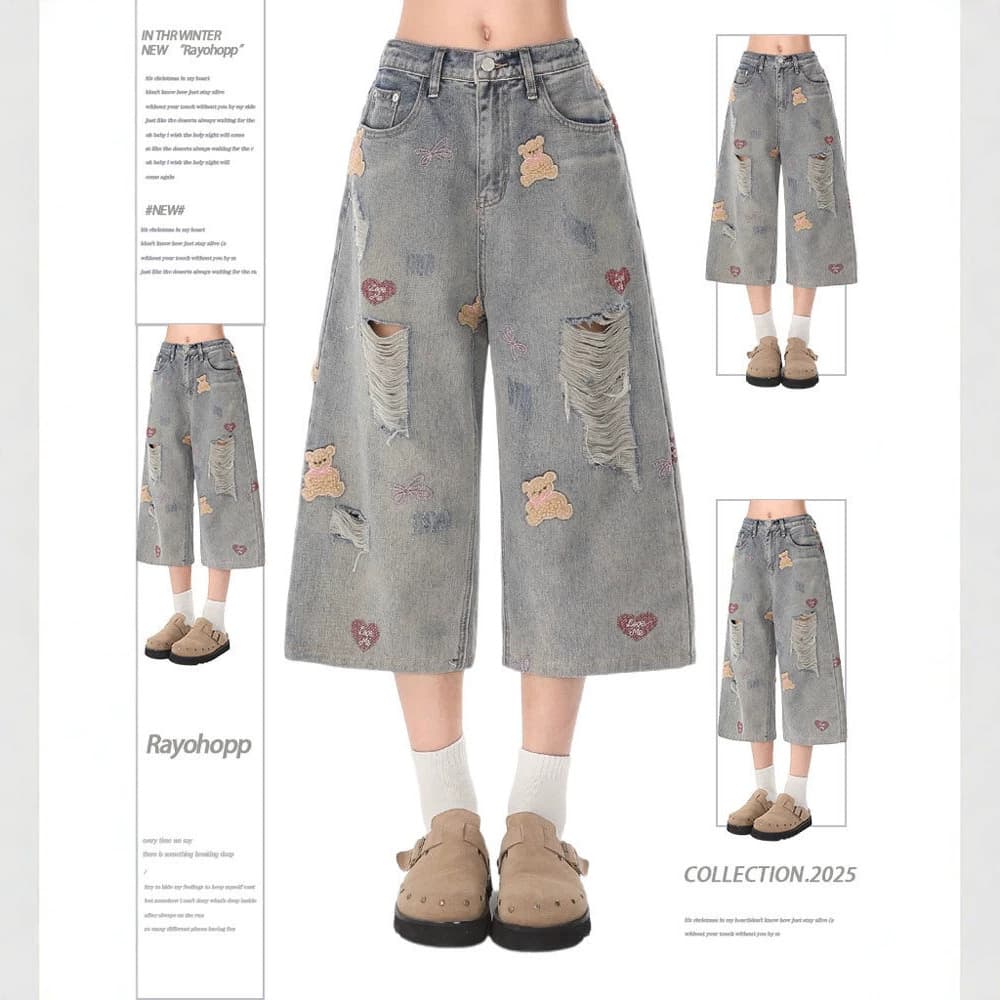 Denim Shorts for Women, Summer 2026 New, Hip-Hop Ripped Bear Embroidery, Loose, Plus Size, Super Hot, Seven-Quarter Mid-Length Shorts