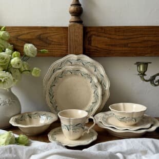 French Vintage Sesame Glaze Green Acacia Ceramic Tableware, Ceramic Plate, Coffee Cup and Saucer, Dessert Plate, Ceramic Bowl, Western Food Plate