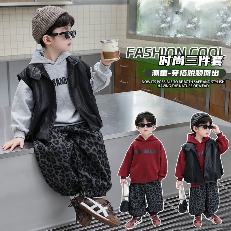 Boys Autumn Vest Three-Piece Set, Stylish Leopard Print Pants Outfit for Toddlers, Korean-style Sweatshirt