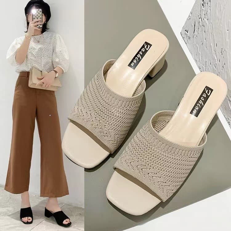 Women's Mid-Heel Slippers 2024 Spring New Korean-Style Knitted Outerwear One-Strap Fashion Women's Wholesale Drop Shipping Wedge Heel