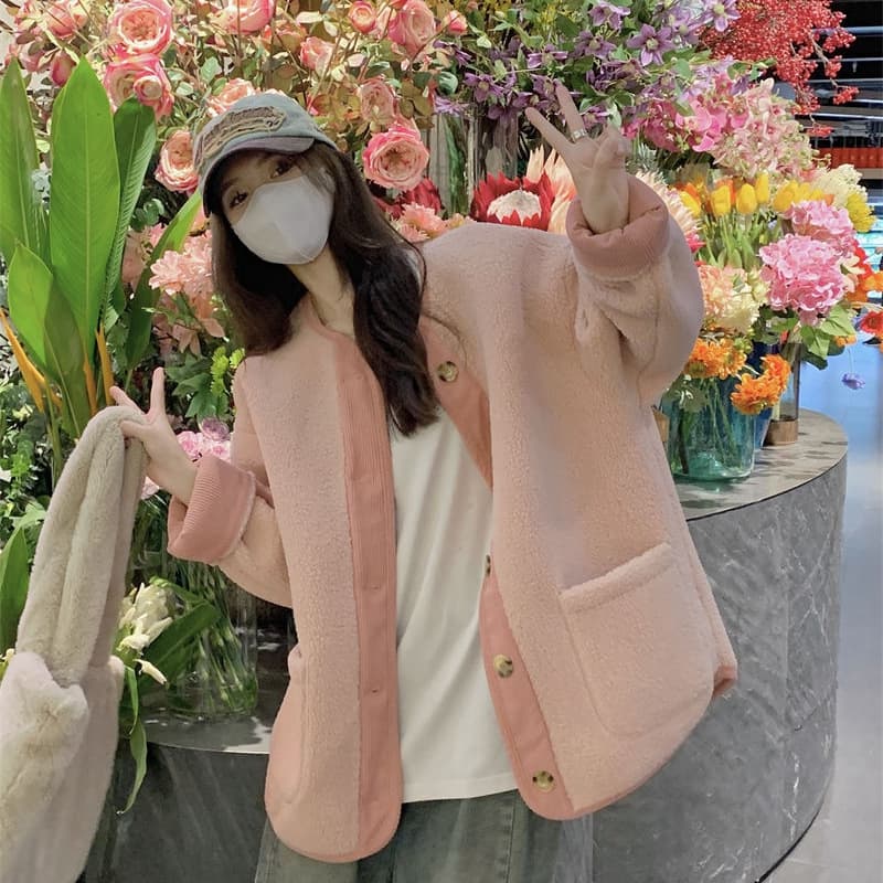 (Official Image) Color-block Retro Shearling Jacket Women's New Small Luxury Style Loose Thickened Mid-length