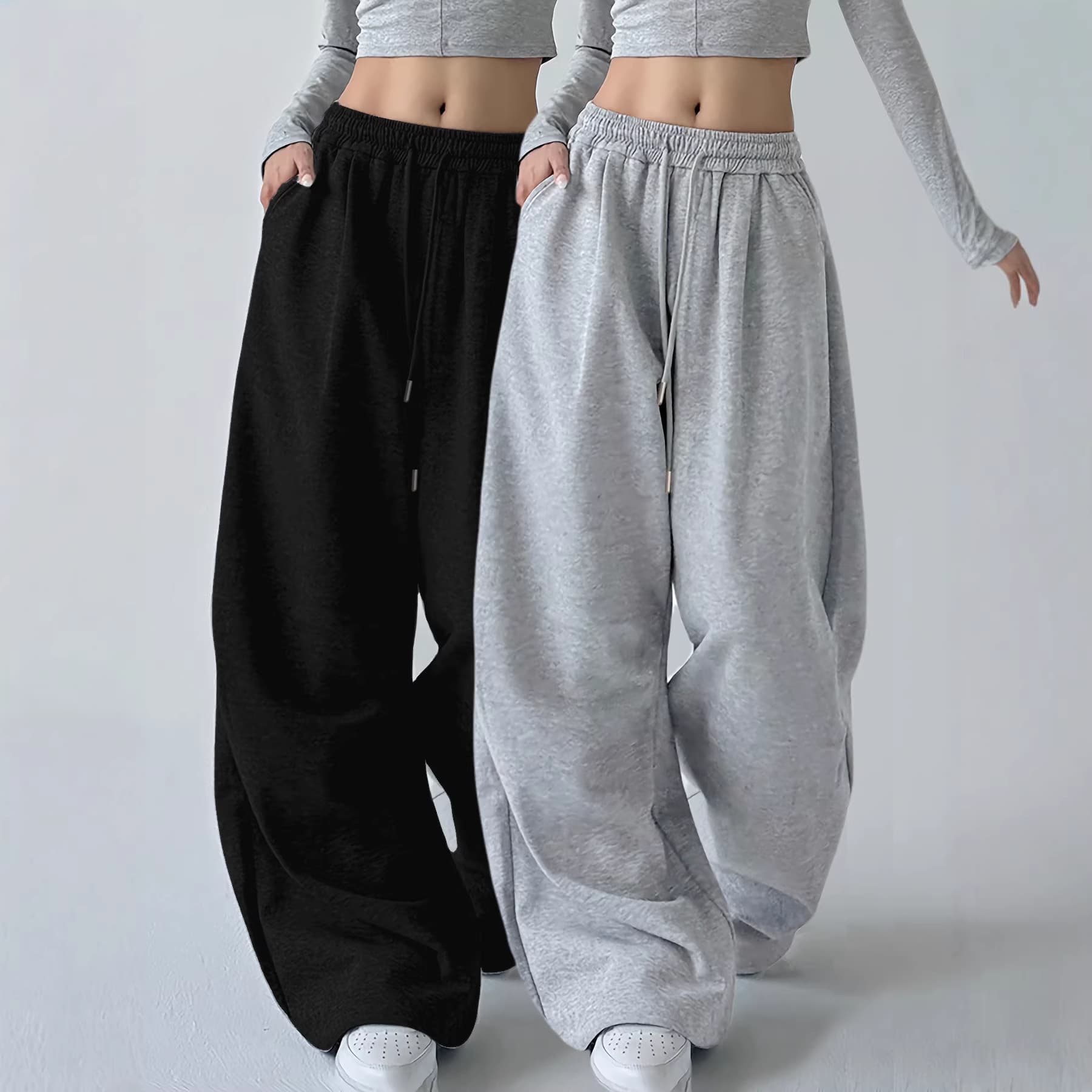 Women's Casual Sport Pants Elastic Waistband with Drawstring High-Waist Pockets Loose Simple Wide-Leg Joggers