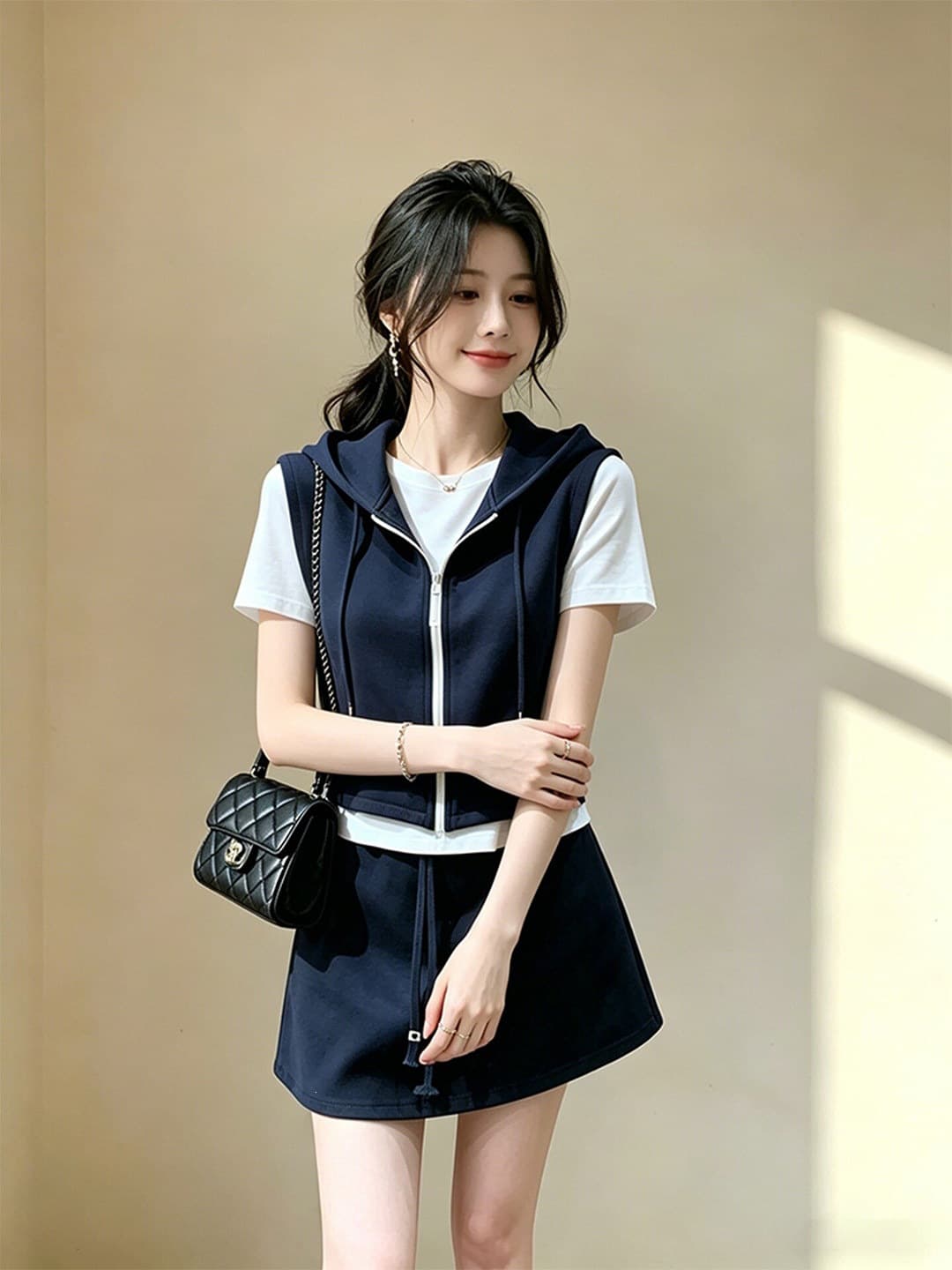 Shenzhen Nanyou 2026 Complete Set Super Hot Age-Reducing High-End Casual Sporty Navy Blue Vest and Skirt Set for Women