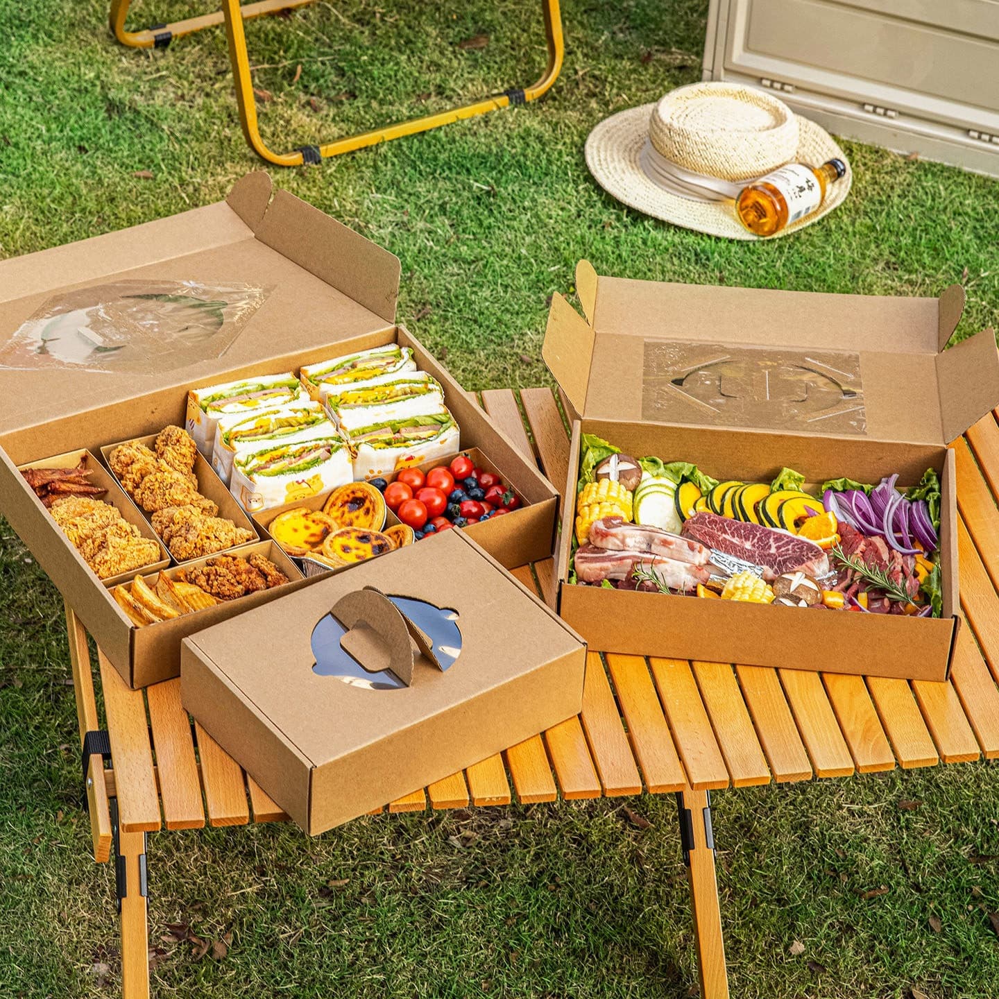 Picnic Box Disposable Bento Kraft Paper Takeout Container with Lid for Spring Outing Camping Outdoor BBQ Meat Sushi y*