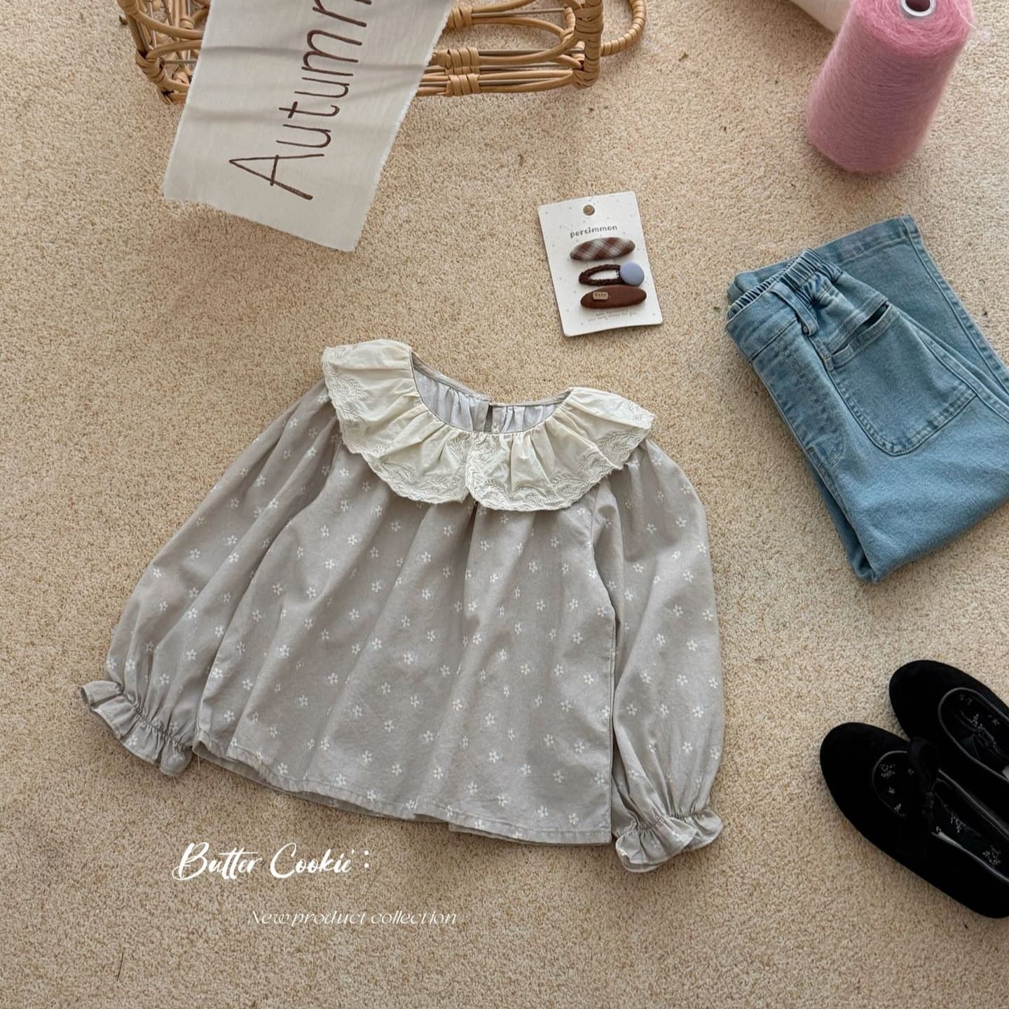 Girls Korean style loose children's shirt 2026 autumn new baby girl pearl gray round neck casual doll shirt