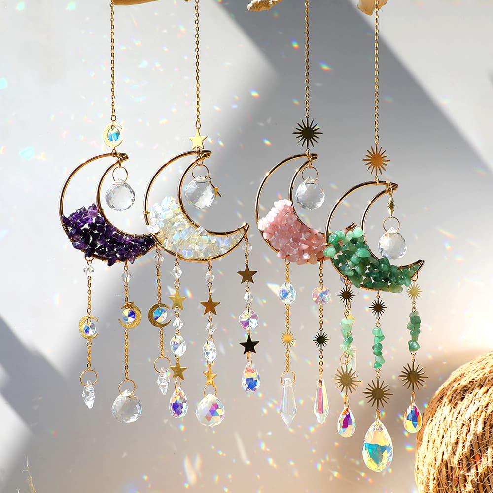 Ins Amazon New Natural Crushed Stone Moon Hourglass with Amethyst, Green Crystal, Pink Crystal Sun and Moon Catcher Pendant