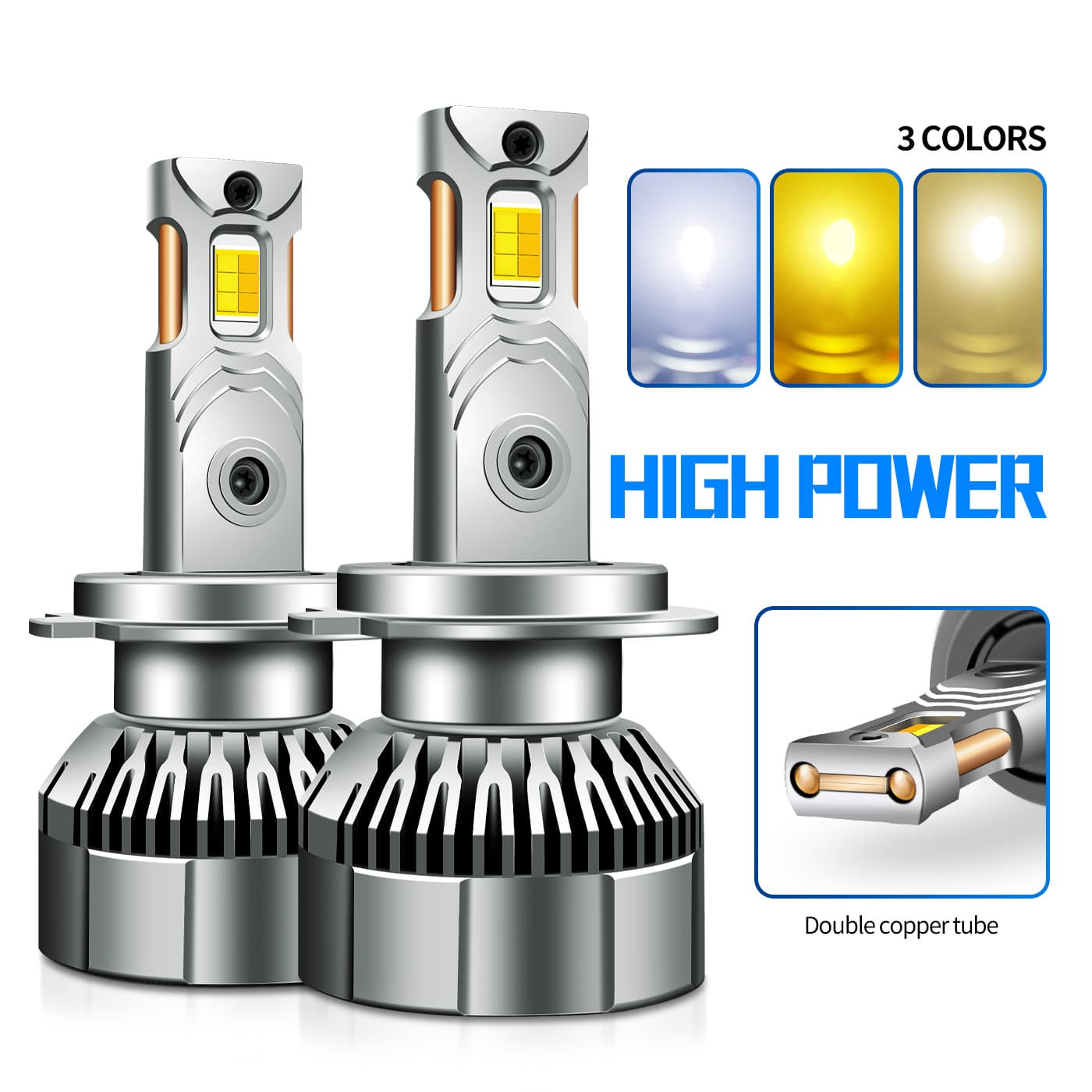 Cross-border H11 High Power Tri-color LED Headlight Dual Copper Tube 120W Car Light LED 12V Automotive 24V Truck H7 H4