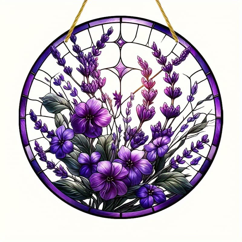 Art Deco Acrylic Lavender and Purple Floral Wall Hanging Decor - Stained Glass Style, Round