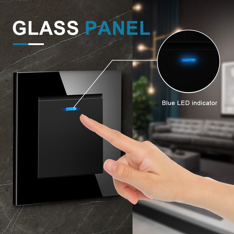 EU Standard 82 Type Flush-Mounted Wall Switch, Two-Way Single Gang with LED Light, Tempered Glass for Home