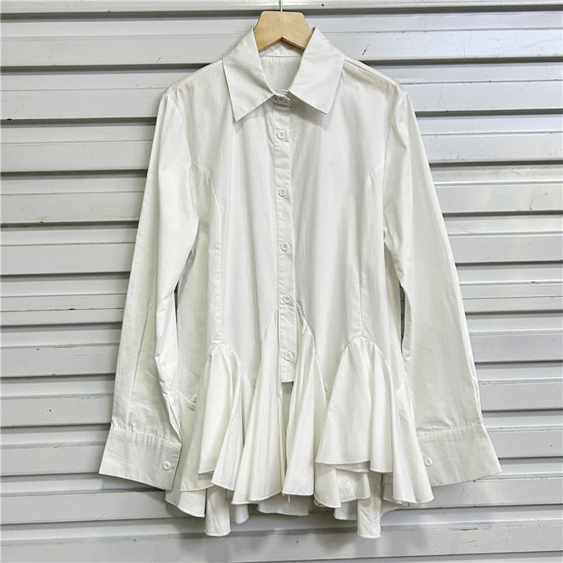 2025 spring fashion new solid color pleated long-sleeved shirt women's lotus leaf design niche temperament waist top