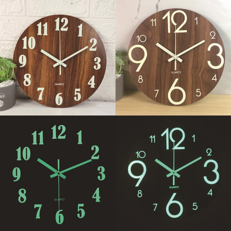 Amazonian glow-in-the-dark wooden wall clock, silent, MDF wood grain luminous creative fluorescent wall clock, simple design.