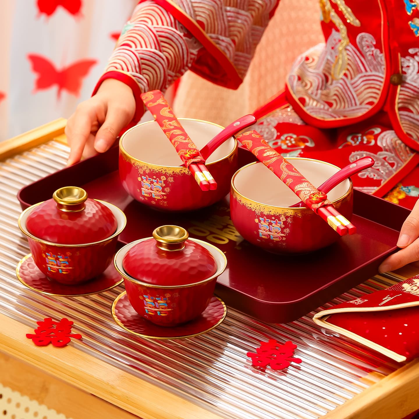 Wedding Toasting Tea Cup Set with Red Auspicious Bowls and Lidded Cups, Comprehensive Dowry Collection