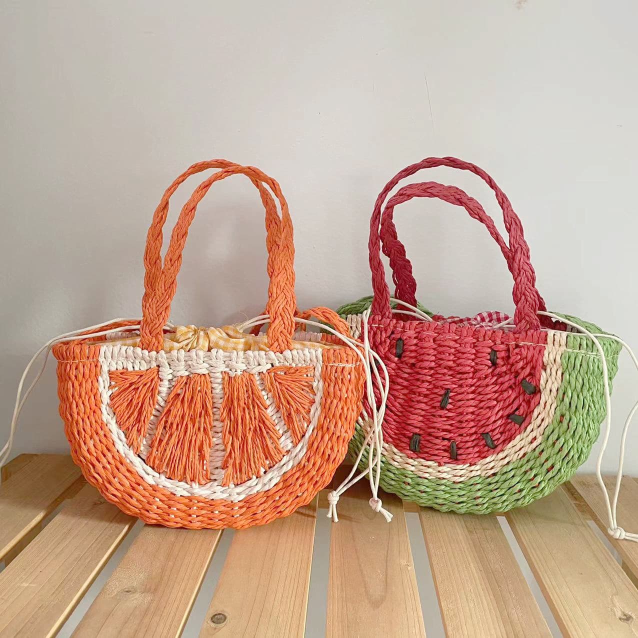 New Cute Cartoon Embroidered Straw Bag Kids Bag Watermelon Bag Women's Beach Bag Vacation Handbag