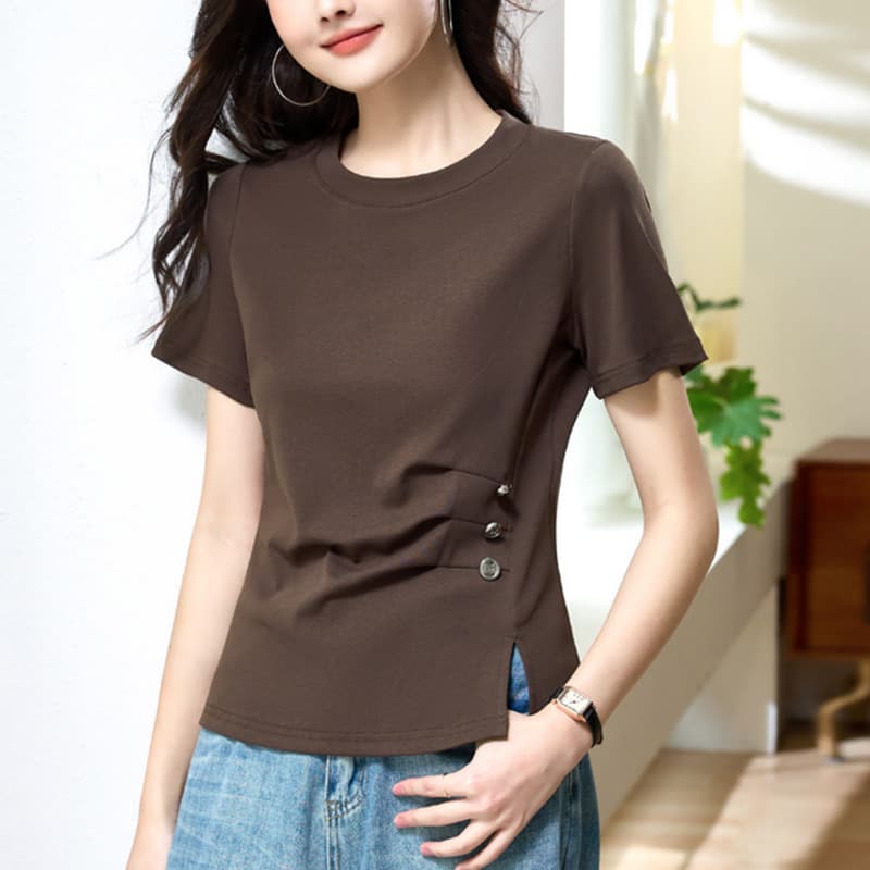 Fashionable slit round neck short-sleeved T-shirt for women 2025 summer new style young mother waist slimming shirt top