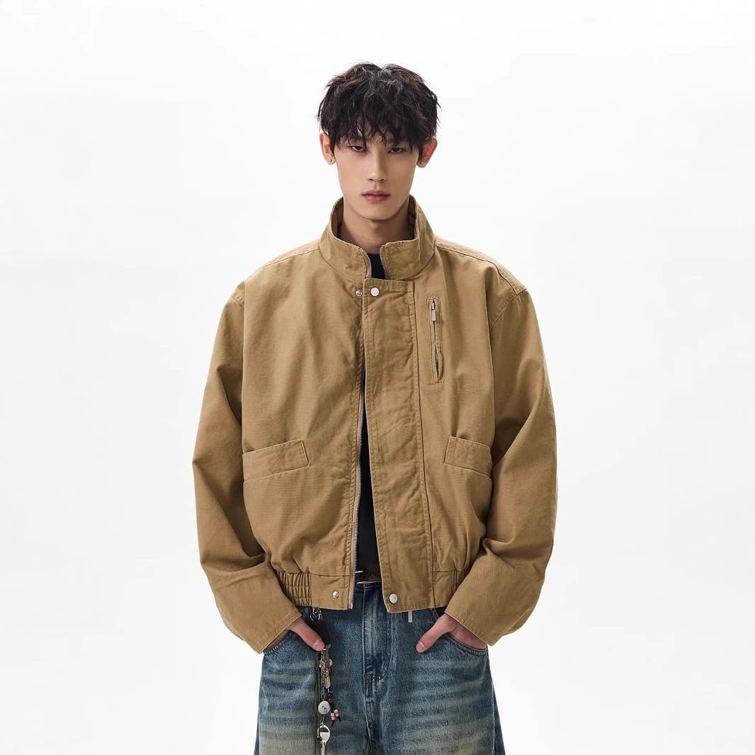 American Retro Bomber Stand Collar Aviator Jacket Unisex Boxy Cropped Barn Style Workwear Jacket