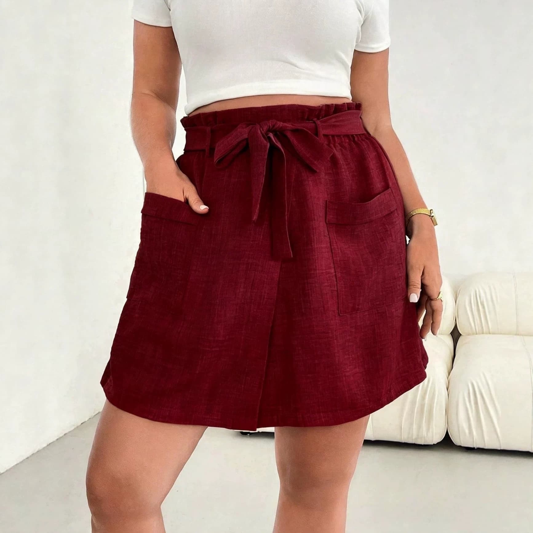 2026 new literary style bow-tie short wide-leg culottes. Elegant double pocket culottes