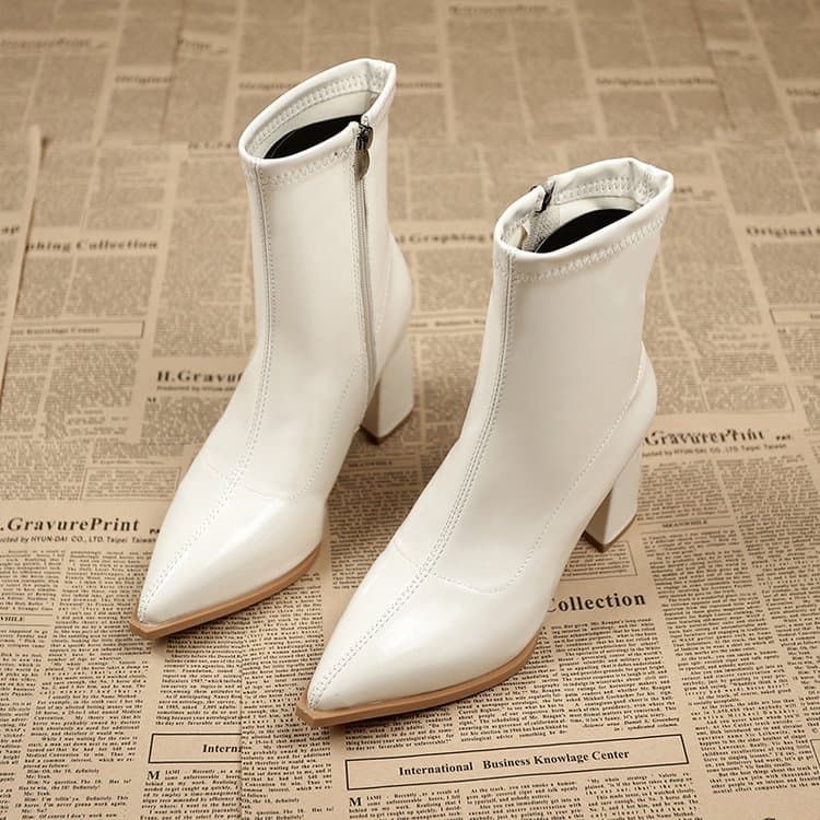 Cross-Border Large Size 2024 New Pointed Toe Chunky Heel Short Ankle Boots Women Autumn/Winter High Heel Petite French Ankle Boots In Stock