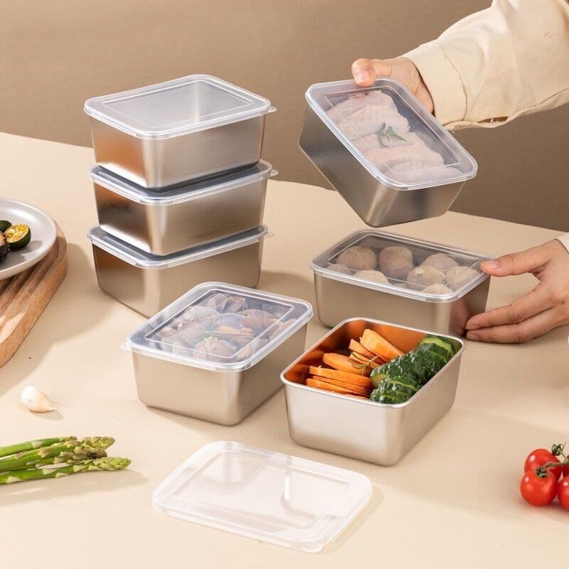Stainless Steel Square Fresh-Keeping Box with Lid, Refrigerator Storage Container for Food, Fruit, Side Dishes, and Seasonings, Small Portable Box