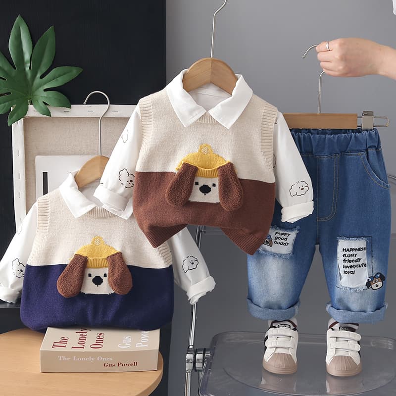 Boys spring and autumn sweater vest three-piece set baby baby cute color matching dog long-sleeved shirt casual wear trendy