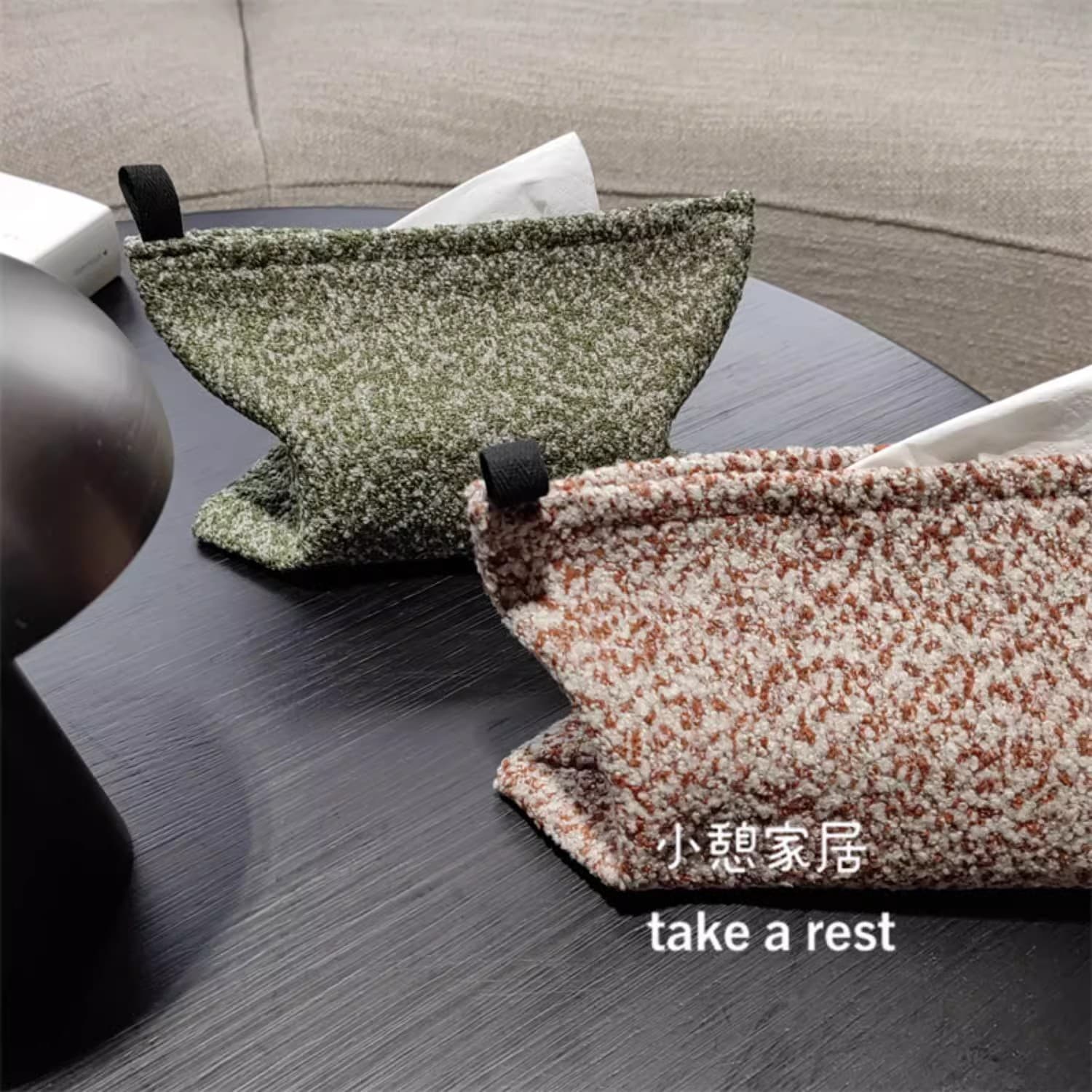 Mid-century modern fabric tissue box for car, green and brown original design French retro style tissue storage.
