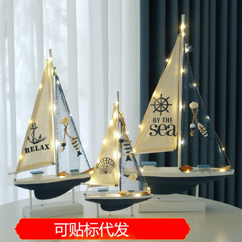 Ocean Style with Light Sailboat Model Decorative Ornament Craft Small Boat Home Gift Travel Souvenir Student Present