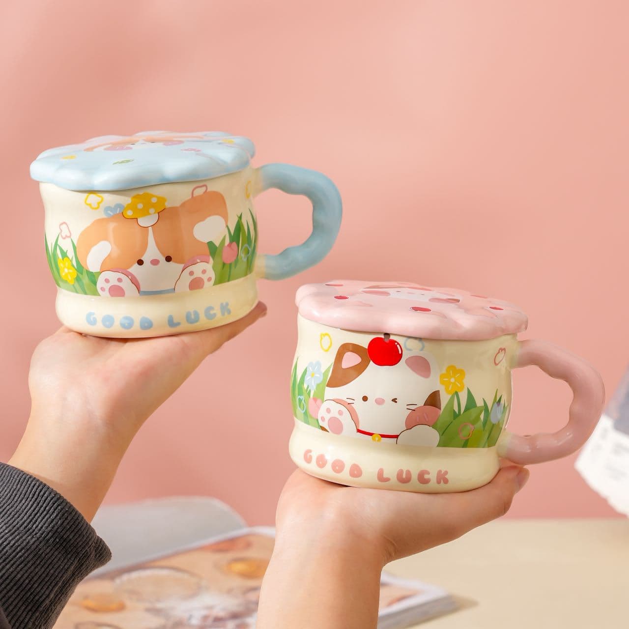 Ceramic Mug for Women, Cute Cartoon Lid Mug for Home, Birthday Couple Water Cup, High Appearance