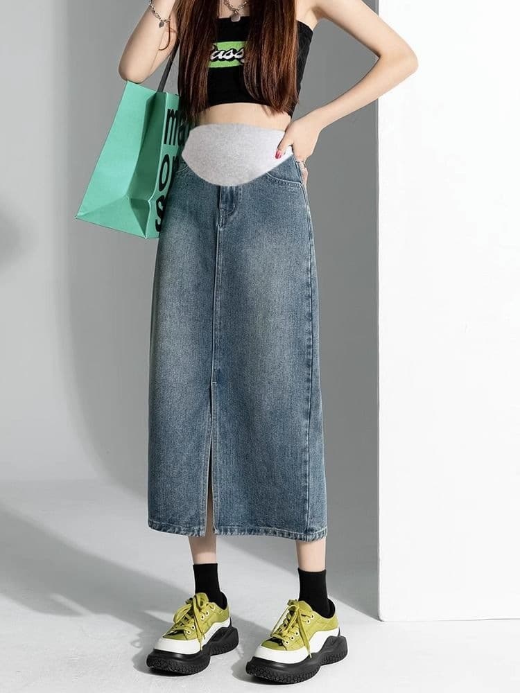 Maternity Denim Skirt, Spring and Summer Thin Style, Slit, Hip-Hugging, Mid-Length A-Line Skirt, Trendy Mom Style, Slimming, Belly-Supporting Denim Skirt