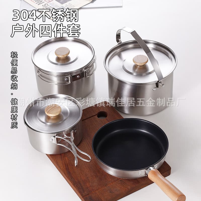 304 Stainless Steel Camping Cookware 4-Piece Set Portable Outdoor Pot and Pan Set