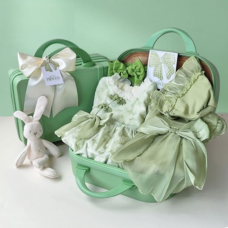 Baby Gift Set for Girls - Green Four-Season Dress, Princess Style, Newborn Gift for Full Month, 100 Days, or 1st Birthday