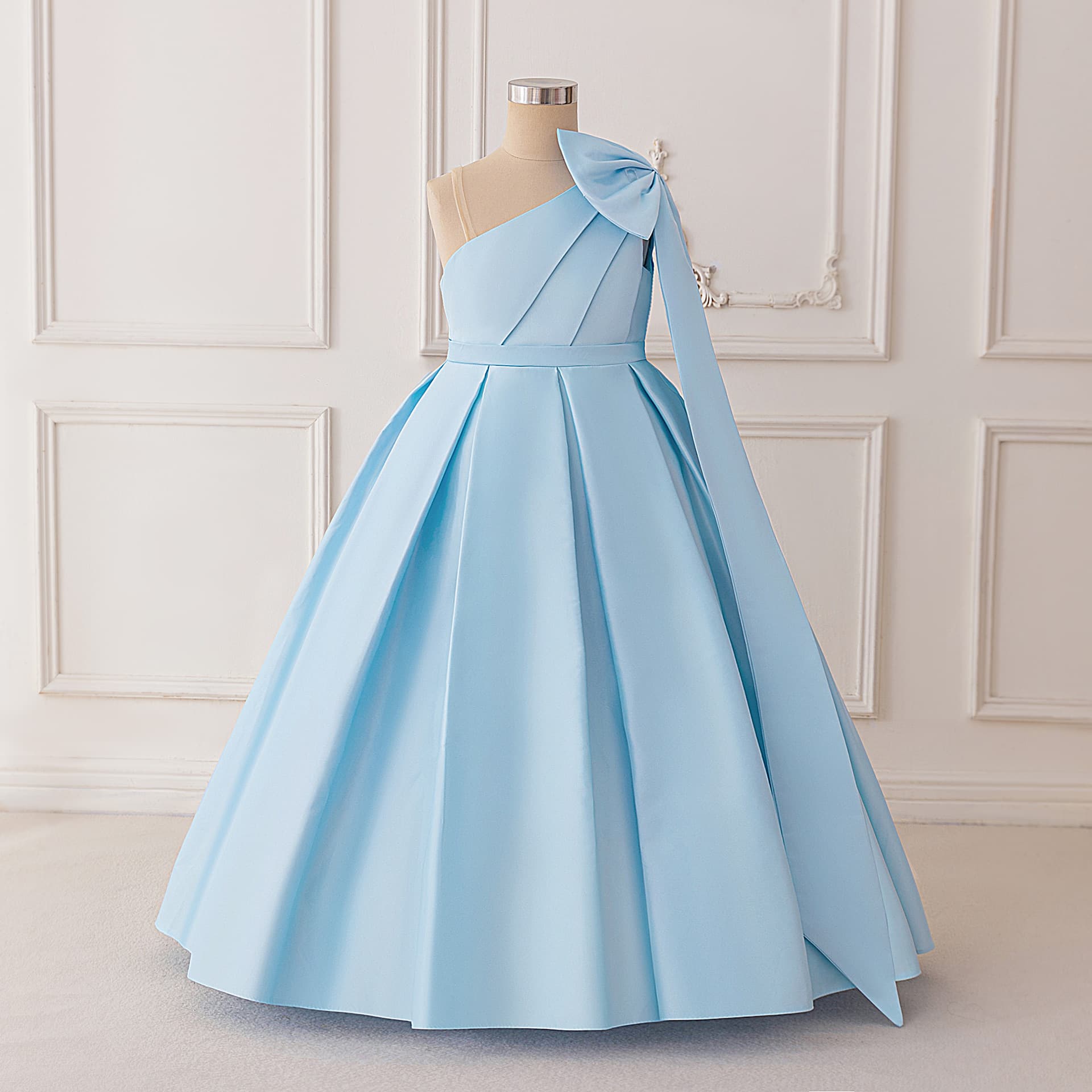 New Blue Girls' Satin Bow Birthday Princess Dress Piano Performance Dress Tulle Skirt for Older Children
