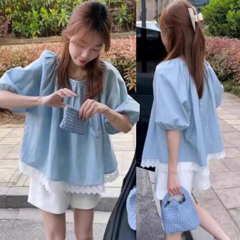 Maternity Top to Conceal Belly Summer Loose Short Sleeve T-Shirt Plus Size Babydoll Blue Air Cotton Other