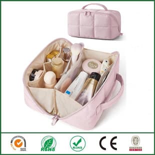 Travel Makeup Bag, Wide Opening Storage Pouch, Built-in PVC Leak-Proof Pocket, Brush Slots, Wipe-Clean Surface