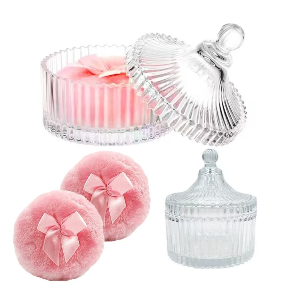 Velvet Long Hair Pink Bow Ribbon Powder Puff Loose Powder Puff Makeup Puff Dry Powder Puff Glass Jar