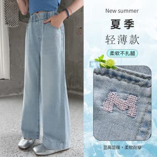 Wholesale Girls Summer Thin Back Pocket N Letter Embroidered Jeans, Loose Straight Leg Pants for Older Kids