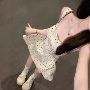 Pure Desire Square Neck Design Camisole Dress Women Summer Slimming Short Dress Elegant Polka Dot Waist Cinching Puffy Dress