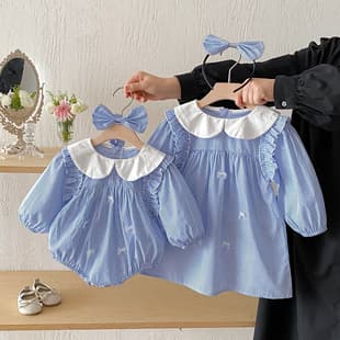 2026 Autumn New Children's Blue Striped Bodysuit Korean Long Sleeve Sweet Dress for Girls Sister Set