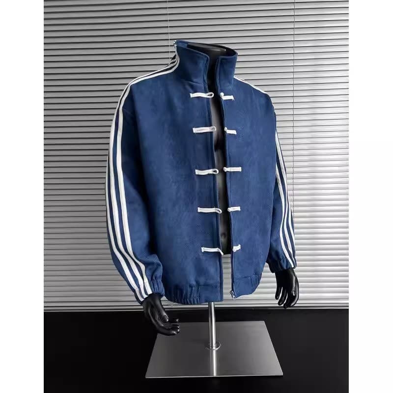 Blue and White Spliced Three-Stripe Stand-Collar Jacket Men's Autumn Trendy Wear New Chinese-Style Button Placket High-End Tang-Style Top