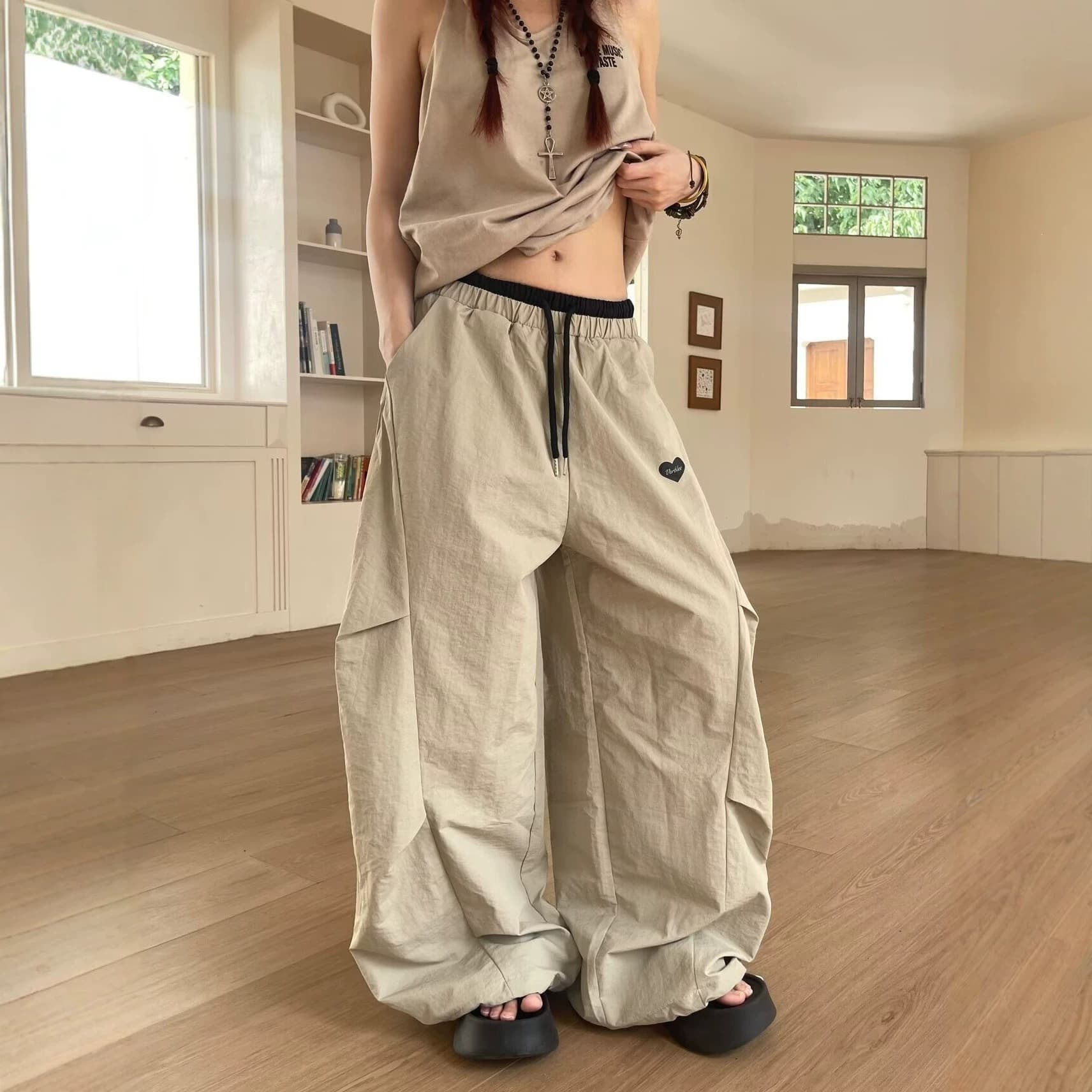 Khaki Quick-Dry Overalls for Women's Summer Paratrooper Jazz Dance Pants, Trendy Dance Pants with Double Waist and Drape for Hot Girls