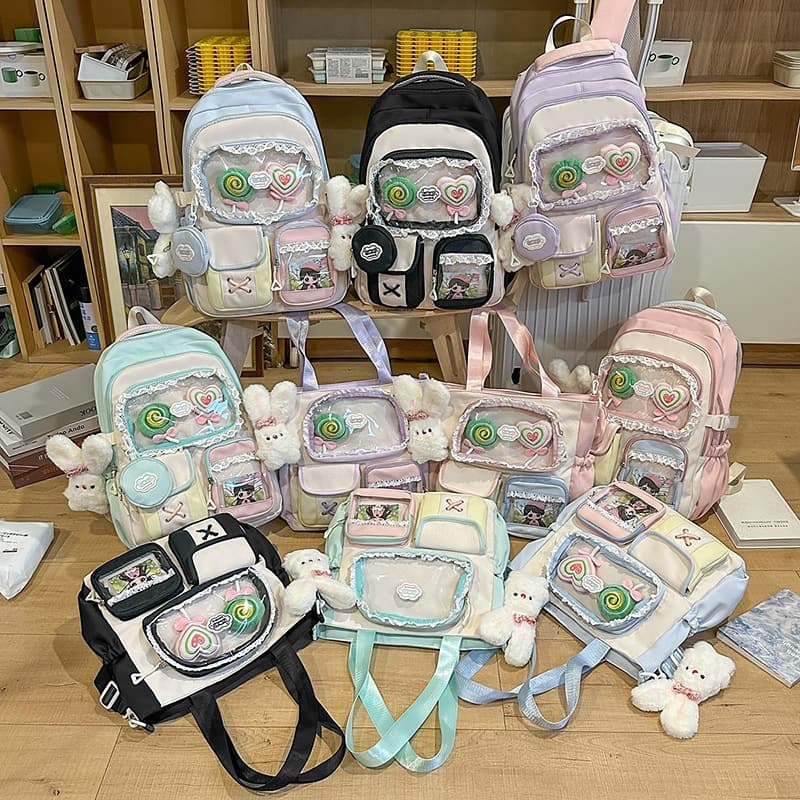 High-Aesthetic Dopamine Sweet Color-Blocking Backpack for Teen Girls, College Style Multi-Compartment School Bag