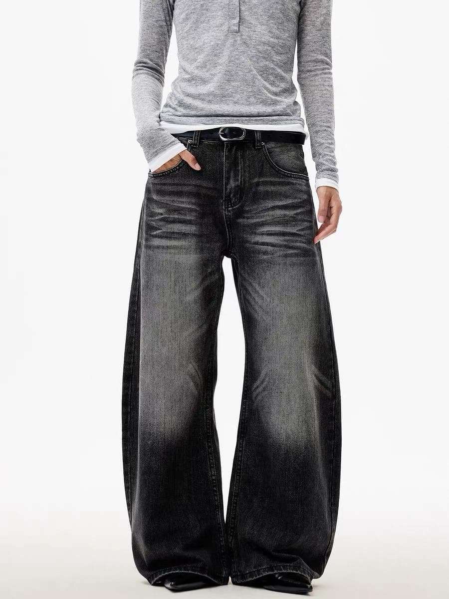 American High Street Washed Distressed Denim Jeans for Men, Loose Retro Design Curved Blade Wide Leg Long Pants Trendy
