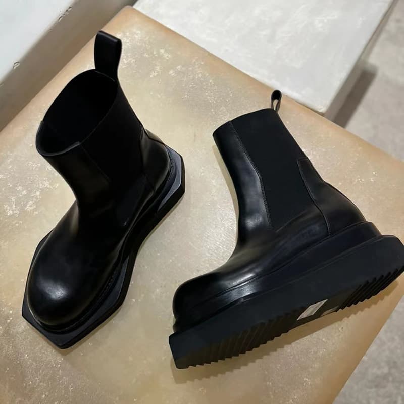 Thick Sole Mid-Tube Round Toe Chelsea Boots Women Dark Square Toe Barrel Short Boots British Unisex Big Head Martin Boots