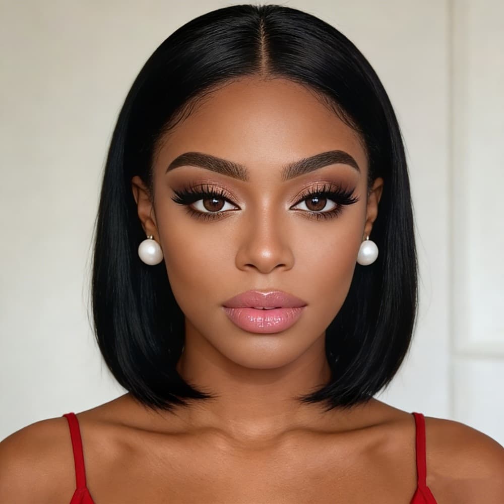 Foreign trade European and American style women's black short straight bob haircut with middle parting, high temperature silk synthetic hair, button and mesh head cover