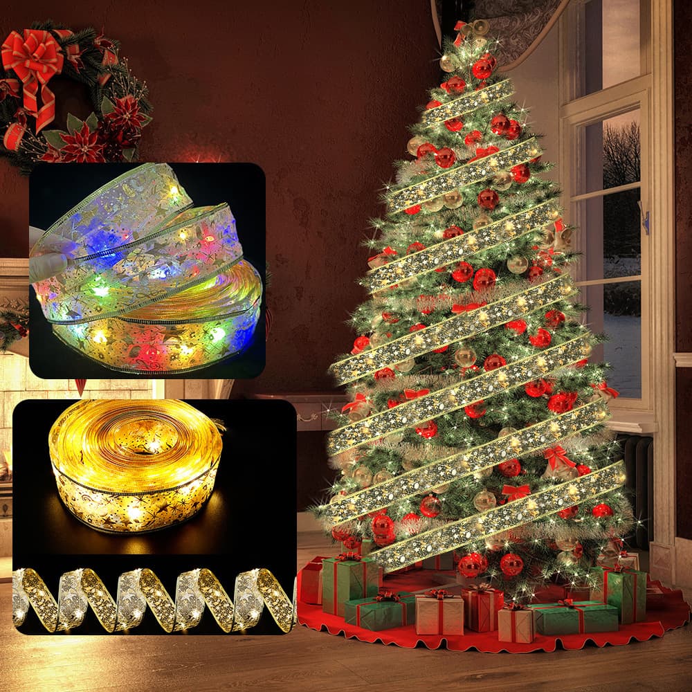 Christmas Ribbon LED Light String Hanging Decorations Christmas Tree Decorating Colorful Ribbon DIY Accessories Pendant