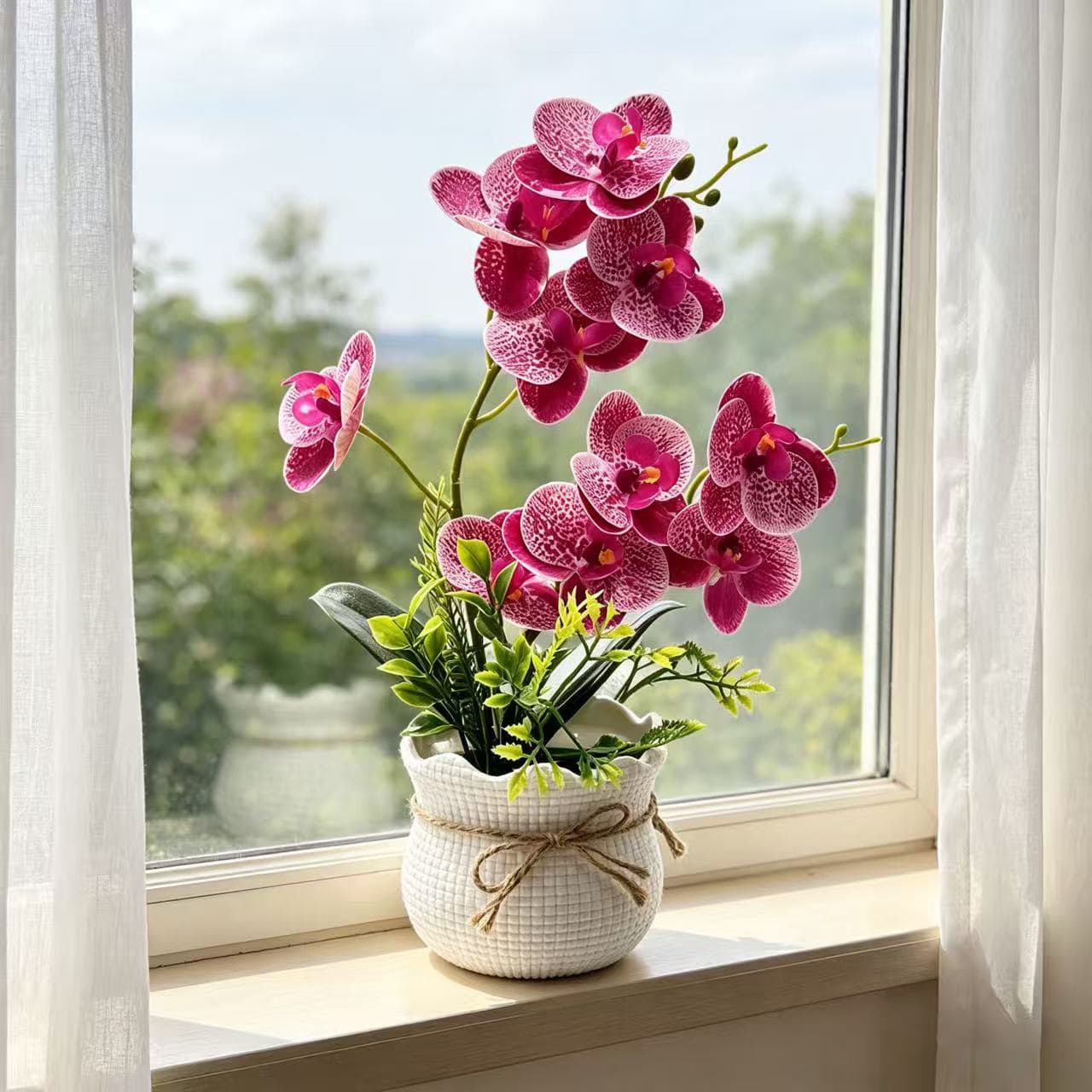 New Double-Branch 10-Blossom Artificial Orchid Bonsai with Checkered Pot, Realistic Touch Petals, Indoor Decoration